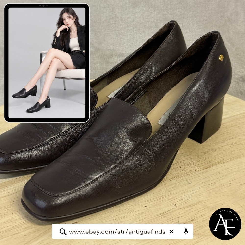 Etienne Aigner Painter Dark Brown Leather Block Heel Loafer Pumps Womens 9M